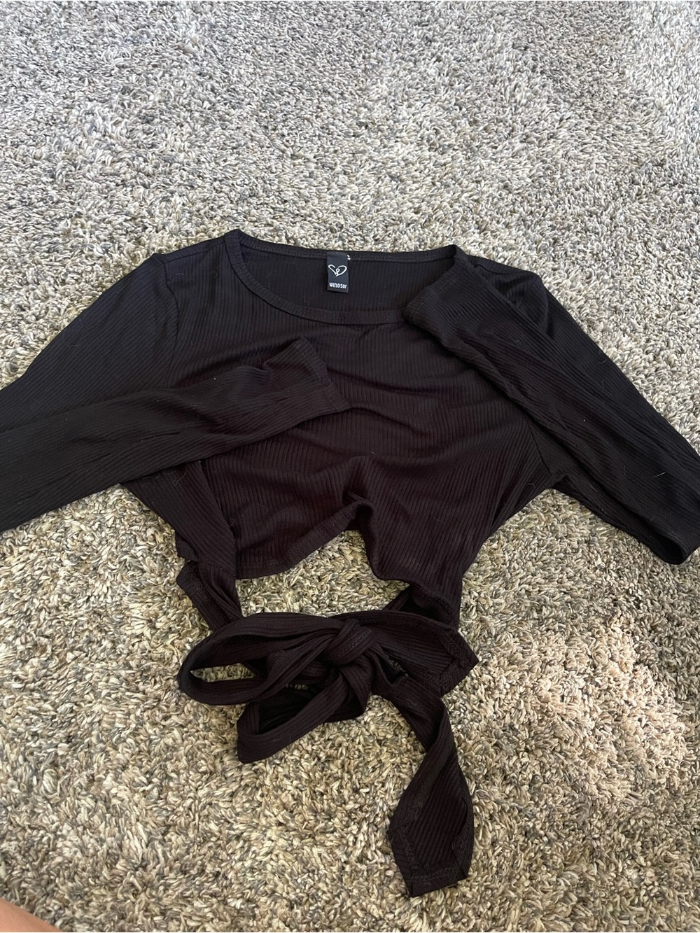 Windsor Black Ribbed Long-Sleeve Tie-Back Crop Top